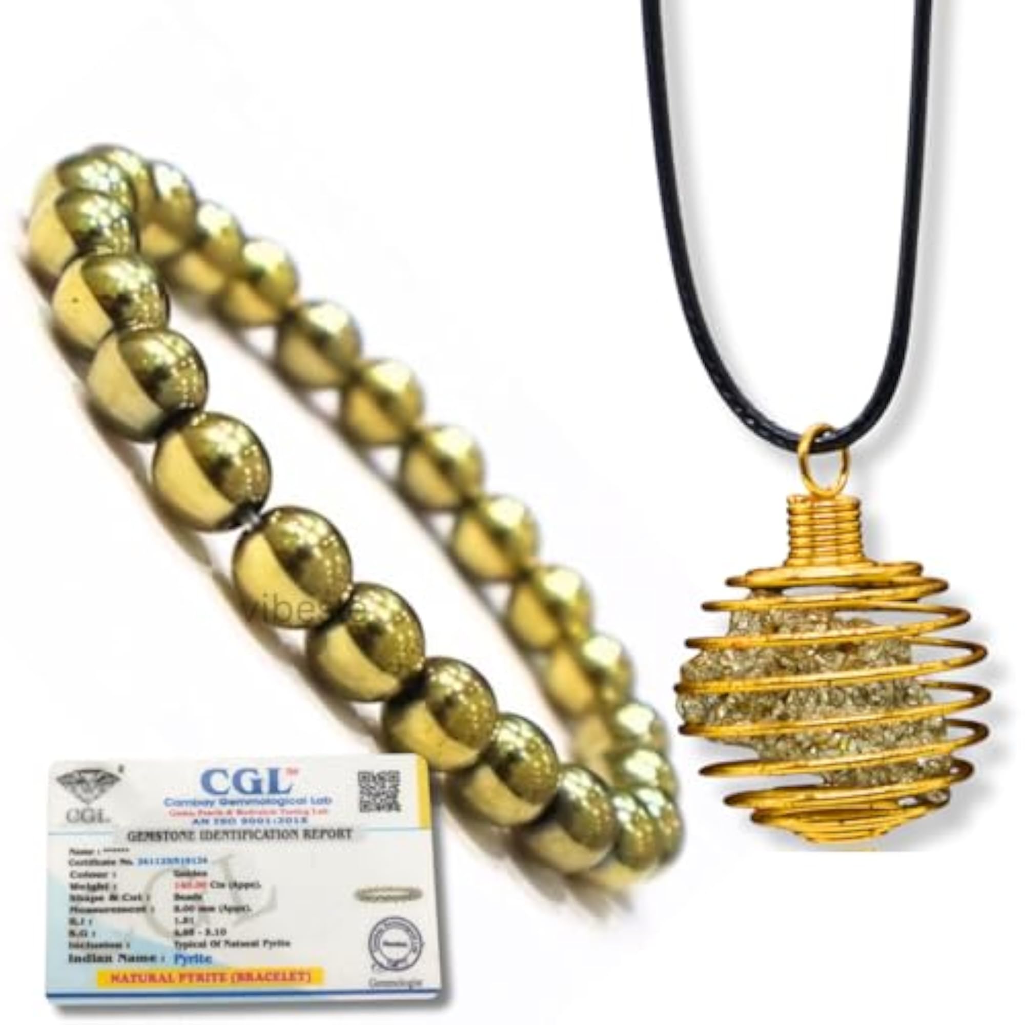Combo of Certified Pyrite Bracelet & Wire-Wrapped Crystal Cage Pendant
