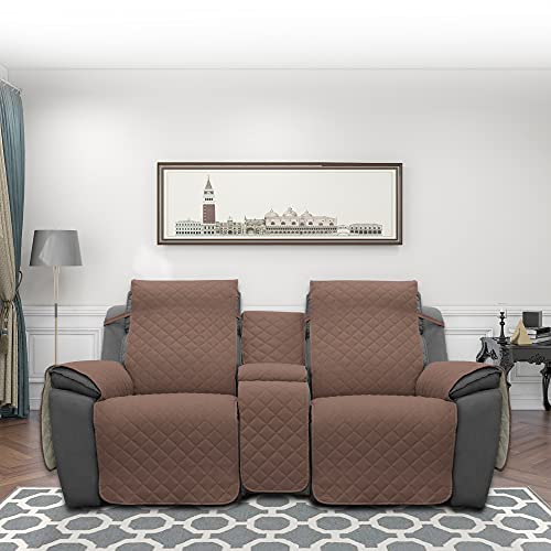 Image of Easy-Going Loveseat Recliner Cover with Console, Reversible Couch Cover for Living Room, Split Sofa Cover for Each Seat with Elastic Straps for Kids, Dogs, Pets(2 Seater, Brown /Beige)