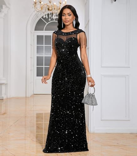 Image of Cololura Women Sexy Sequin Mesh Perspective Bodycon Party Cocktail Evening Gown Maxi Dress