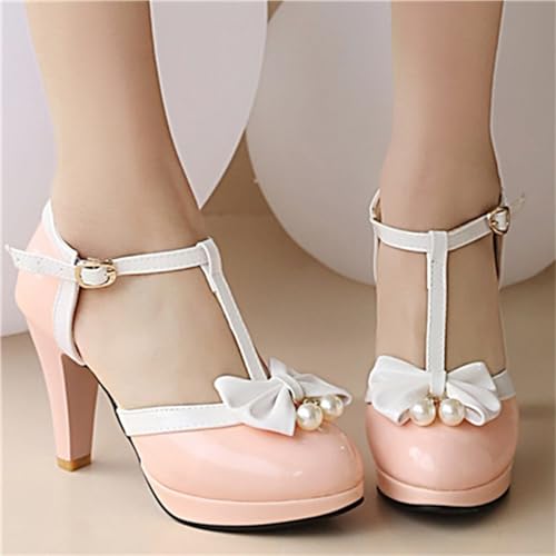 Image of Elbslutt Women's Cute Retro Rockabilly Shoes T Strap Mary Janes Heels Chunky Cosplay Shoes Sweet Block Heeled Bow Pumps