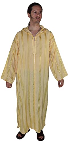 Treasures Of Morocco Moroccan Men Djellaba Handmade Hooded Caftan Gold With Matching Embroidery Tread Thobe Loungewear African X-Large