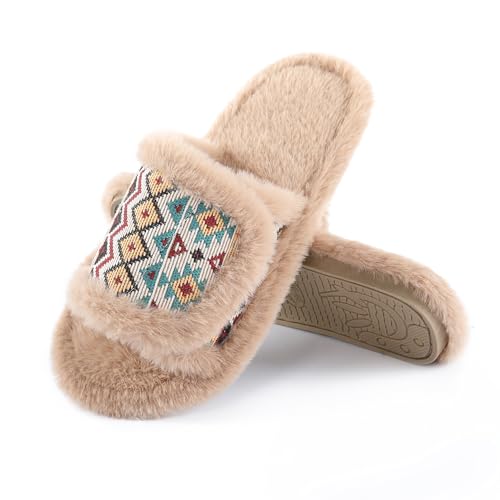 Image of Fur Story Women's Furry Slippers Open Toe Fuzzy Slippers Memory Foam Fluffy House Sandal