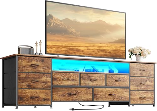 Huuger 70 Inch TV Stand for 75, 80 Inch TV, 11 Drawer Long Dresser with Power Outlets and LED Lights, Entertainment Center with Storage, Rustic Brown Dresser with PU Leather Surface