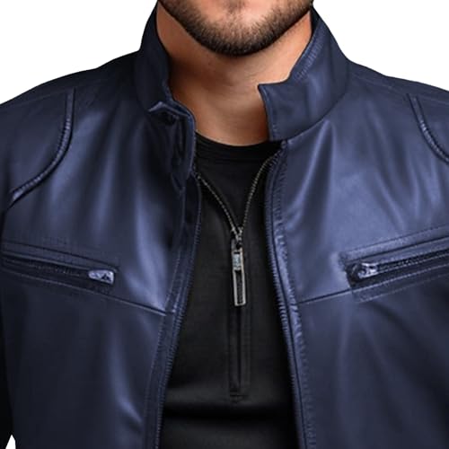 Men's Stand Collar Faux Leather Jacket Casual Zip Up Leather Motorcycle Jacket Solid Color Slim Punk Biker Outwear2