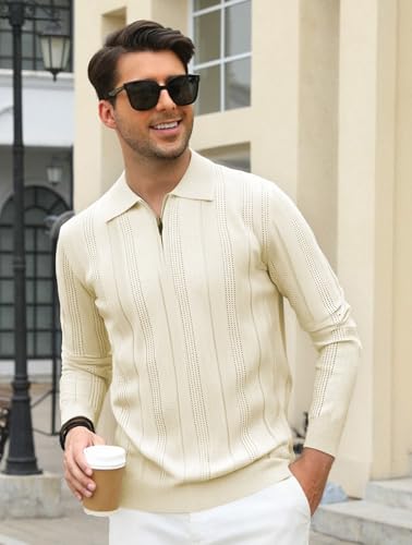 Esabel.C Mens Knit Polo Shirts Long Sleeve Quarter Zip Collar Textured Sweater Business Casual Golf Shirts2