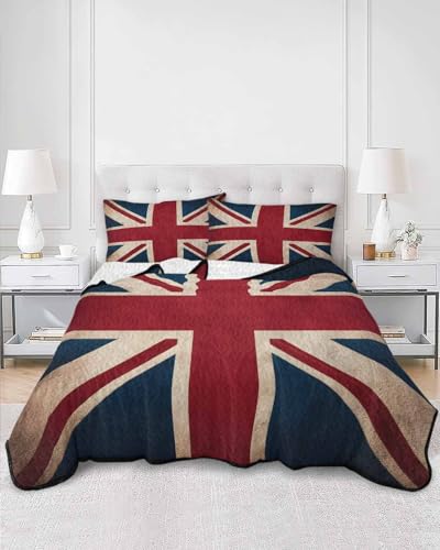 Queen Size Quilt Bedding Set, British Flag Lightweight Soft Quilts Comforter, Vintage United Queendom England UK Flag Quilted Bedspread with 2 Pillow Covers for All Season 90" x 96"