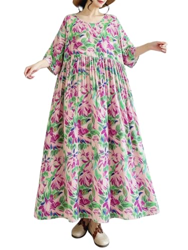 Image of Women Plus Size Casual Dresses Floral Printed O Neck Short Sleeves Summer Oversized Dresses Boho Loose Fitting Wear
