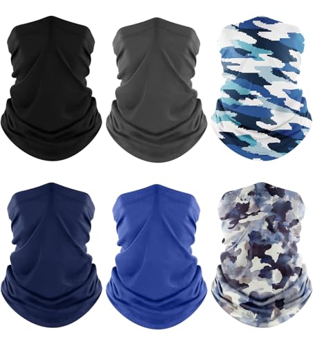 Fuinloth Neck Gaiter, 6 Pack Cooling UV Protection Bandana Face Mask Gator Scarf for Men Women Black+Gray+Navy+Blue+Ink-Blended Blue+Pixel Camo