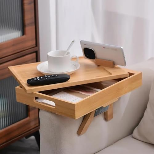 Bandeja para reposabrazos de sofá con soporte de teléfono rotatorio y mesa de madera auxiliar 5