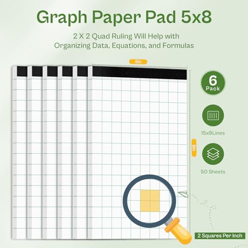 Graph Paper Pads, 6 Pack Grid Paper Notebook 5x8, Graph Paper 2x2 (2 Squares per inch), Micro Perforated Graph Notebook, 50 Sheets Per Grid Paper 5x8, Graph Writing Paper for Home, Office, School