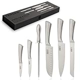 Jogo de Facas Profissional 6 Peças Premium TENDEN – Conjunto de Facas de Cozinha Aço Inox 3Cr13. Kit com Faca Chef 8”, Santoku 7”, Pão 8”, Multiuso 5”, Precisão 3,5” + Chaira, Caixa Magnética Presente