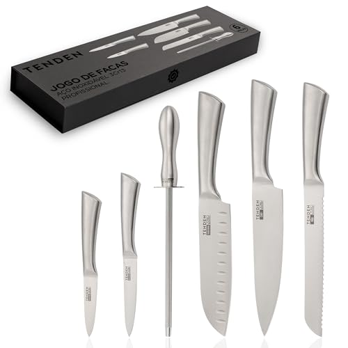 Jogo de Facas Profissional 6 Peças Premium TENDEN – Conjunto de Facas de Cozinha Aço Inox 3Cr13. Kit com Faca Chef 8”, Santoku 7”, Pão 8”, Multiuso 5”, Precisão 3,5” + Chaira, Caixa Magnética Presente