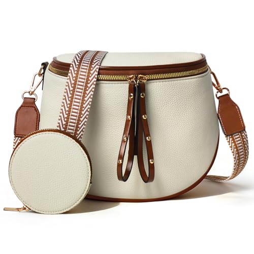 MOETYANG Crossbody Bags for Women Large Vegan Leather Bum Bag with Coin Purse (White Brown)