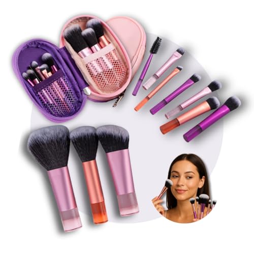 Kit 10 Mini Pincéis de Maquiagem com Estojo Cerdas Sintéticas Macias, Portátil e Completo para Base, Pó, Blush, Corretivo e Sombras – Para Viagem Travel Size Ideal para Presente, Uso Diário e Adolescentes - PREMIUM