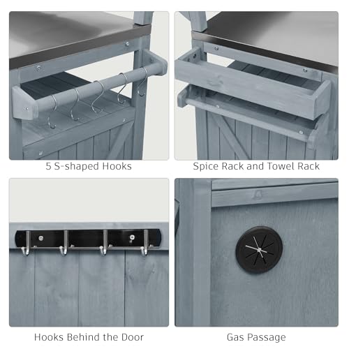 Image of Merax Portable Outdoor Table with Stainless Steel Top for Kitchen Prep, Outdoor Storage Cabinet for Grilling Accessories, Grey Blue