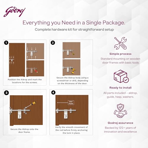 Image of Godrej Door Fitting | Aldrop Lock for Left & Right Handed Doors | Suitable for Main & Inner Doors of Residential & Commercial complexes | Size 12 x 200 mm | Satin Nickel Finish