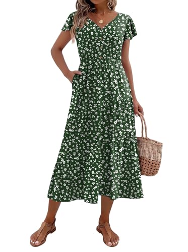 Image of Zeagoo Women's Summer Casual Dress Flutter Short Sleeve V Neck Button Down Tiered Flowy Long Dress with Pockets