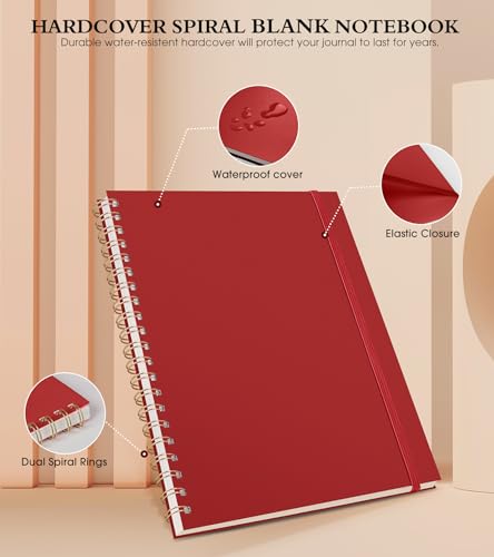 Blank Notebook, Spiral Notebook Journal 8.5” x 11”, A4 Large Blank Notebooks for Women Men, 100 GSM Paper, Plastic Hardcover Spiral Blank Journals for Writing Work School Sketching Business, Red