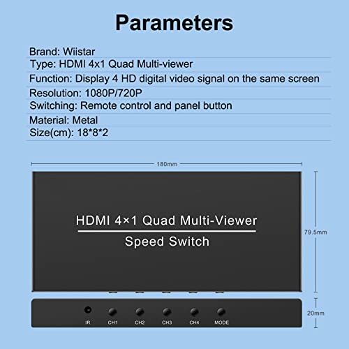 Wiistar HDMI Quad Multi-Viewer 4x1 HDMI Switcher 4 Ports Switch 4 in 1 Out HDMI Multiviewer Support 4 Display Modes Support 1080P 3D for PC STB DVD Security Camera - Thumbnail 6