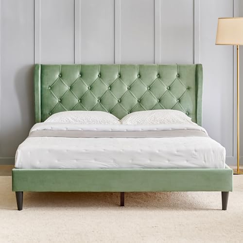 Image of Home Centre | Helios Bravo Roxy Upholstered King Size Bed Without Storage | Engineered Wood | Green | 1 Year Warranty