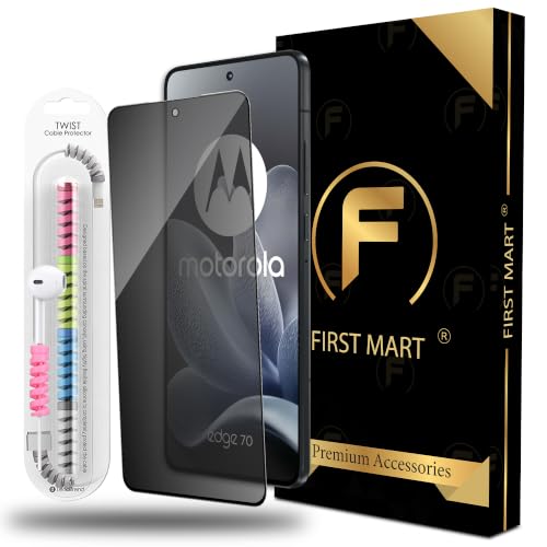 Image of FIRST MART Privacy Tempered Glass for Motorola Edge 70 with Cable Guard & Installation Kit | Anti-Spy 9H Screen Protector, Edge-to-Edge, Case-Friendly | Black