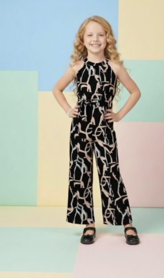 Image of A.T.U.N. (ALL THINGS UBER NICE) Girls Printed Poly Silk Jumpsuit with Tie-Up Belt | Stylish Sleeveless One-Piece Outfit for Kids | Trendy Comfortable Wear for Parties Functions & Photoshoots