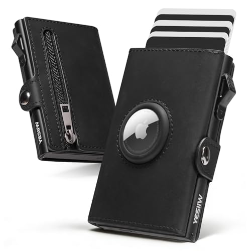 YESIIW Geldbörse Herren Echtleder – Slim Wallet für Apple AirTag 2 Generation, Portmonee Herren RFID Schutz, Kartenetui für 12 Karten, Portemonnaie mit Münzfach & 2 ID Fenster, Schwarz