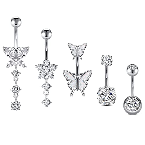 Incaton 14G Belly Button Rings, Stainless Steel Diamond Belly Rings For Women, Dangle Belly Button Rings With Butterfly, 6mm Short & 10mm Bar Navel Piercings