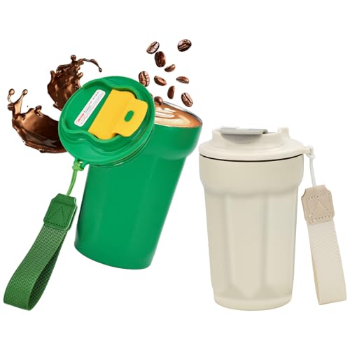 HWSWSH 2 Pcs 420ml Taza de Café Termica Vaso Termico con Tapa Termo Café para Llevar Travel Mug Acero Inoxidable de Doble Pared Coffee Insulated Travel Mug con Tapa a Prueba de Fugas, Beige y Verde