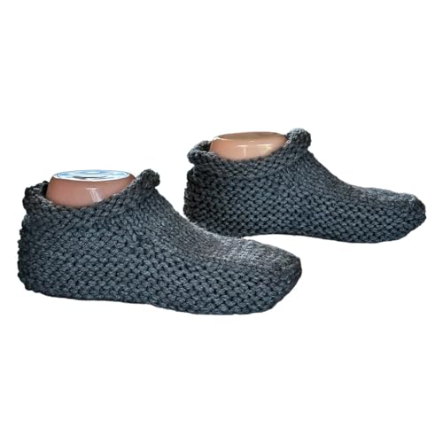 Double Thick Knit Slippers for Men and Women - Custom Extra Thick Hand Knit Slipper Socks – Bespoke Slippers - Yarn Handmade Knitted Slippers – Double Thick Moccasin House Shoes Unisex Booties for Warm Feet – Cozy Knitted Slippers for Men and Women – Gift for Husband Wife Boyfriend Girlfriend Friend (8-9, Grey)