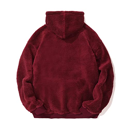 Pegeno Mens Fuzzy Sherpa Hoodie Pullover Sweatshirts Loose Cozy Pocket Long Sleeve Winter Hooded Outwear（Wine Red Large） #TOP4