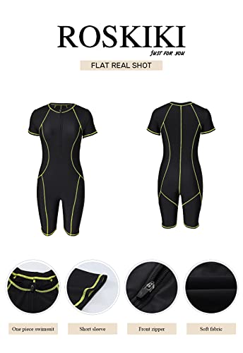Roskiki Womens Casual Athletic Rash Guard Short Sleeve One Piece Swimsuit Zip Front Surfing Bathing Suit Wetsuit Black X-Large #TOP3