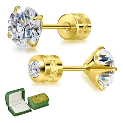 Hopply Moissanite Stud Earrings for Men & Women,D Color VVS1 Hypoallergenic Pure Titanium Screw Back Round Moissanite Wedding Earrings Dainty Cartilage Helix Piercing Jewelry 1-2CT (Gold, 1Carats-(0.5ct*2)-5mm) by Hopply - Used condition - US$27.19