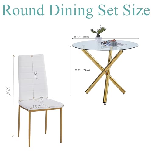Elegant Gold Dining Room Set for 4 - Contemporary Round Glass Table with White Faux Leather Chairs for Small Spaces - Image 3