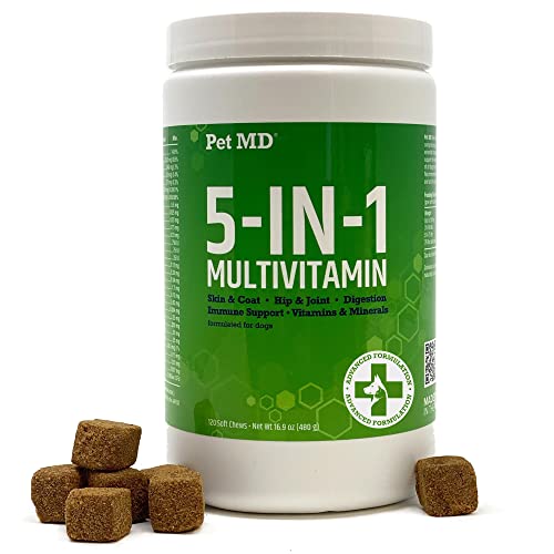 Pet MD 5in1 Dog Multivitamin - 30 Essential Vitamins, Minerals & Nutrients for Skin & Coat, Hip & Joint, Digestion, Immune & Senior Dog Vitamins - Glucosamine, Omega 3 6 9, & Probiotics - 120 ct
