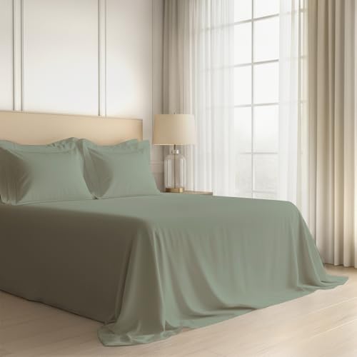 Image of Pizuna 100% Cotton Bedsheet Super King Size Sea Foam, 600 Thread Count Long Staple Combed Cotton Flat Bedsheets 108x108 Inches with 4 Pillow Covers, Bed Sheet for Super King Size Bed