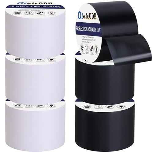 Image of Oleitodh 6 Pack Electrical Tape 2 in x 66 ft Waterproof Vinyl Electrical Insulating Tape High Temperature Resistance Electric Tape Under 600V Home Outdoor Multipurpose(White+Black)
