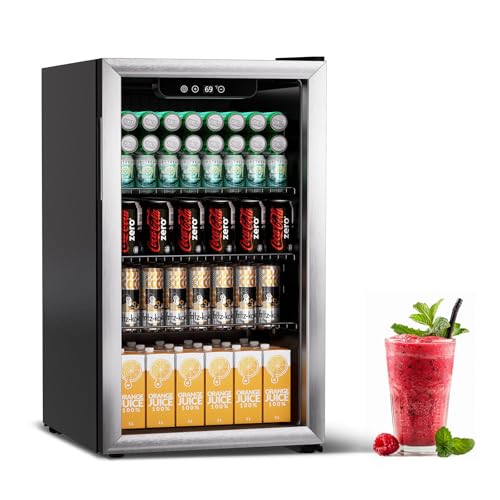 Image of Erivess Compact Beverage Refrigerator, 110 Can /3.1 Cu Ft Mini Fridge,Silver | Adjustable Shelves & Digital Display Small Refrigerator for Soda, Under Counter Freestanding Glass Door Mini Cooler for Home