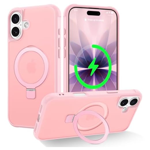 CHAOFEnG Magnetic Compatible with iPhone 17 Case with Stand [Military Grade Drop Tested][Compatible with Magnet] Ring Translucent Slim Hard Back Soft Edge, Pink