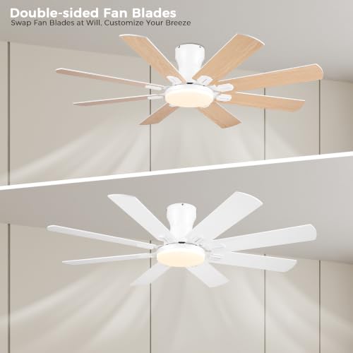 Image of JSAITEE Ceiling Fans with Lights, 52 Inch Low Profile Ceiling Fan,White | Ceiling FanCeiling with Light Flush Mount, DC Reversible Motor, Noiseless, White 6 Speeds Ceiling Fan for Bedroom