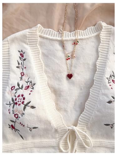 MakeMeChic Women's Floral Embroidery Cardigan Sweater Bow Tie Front Sleeveless Crop Outerwear3