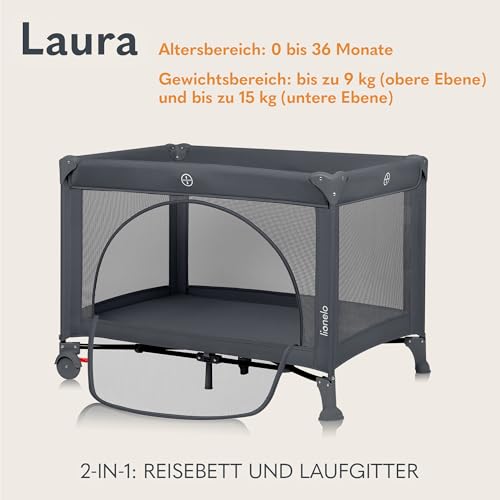 Lionelo Laura 2-in-1 Reisebett bis zu 15 kg Laufgitter von 0 bis 36 Monate Seitlicher Einstieg T25 Schaumstoffmatratze, 2 Höhenstufen, Reisetasche, Räder mit Bremse