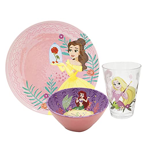 Zak Designs Disney Princess Dinnerware Set Includes Embossed Plate, Bowl, And Tumbler, Made Of Durable Plastic Material And Perfect For Kids (3 Piece Set, Ariel & Belle & Rapunzel) #TOP3