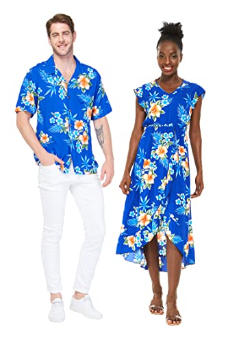 Matchable Couple Hawaiian Luau Shirt or Wrap Ruffle Dress in Hibiscus Blue