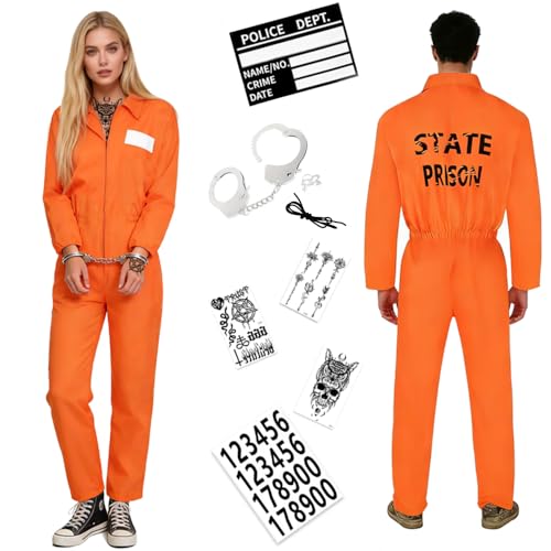 Shengou Gefängnis Kostüm Orange Herren Damen Prisoner Costume Overall mit Sträfling Accessoires Knast Kostüm Herren Verbrecher Männer für Erwachsene Cosplay Halloween Karneval Costume