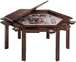 Solid Wood Board Game Table for 4-6 Players, Hexagonal Dining/Poker/Card Games Table with Big Play Area, Removable Top, Includes Game Mat, 6*Cup Holders & Hobby Tray, Black Walnut