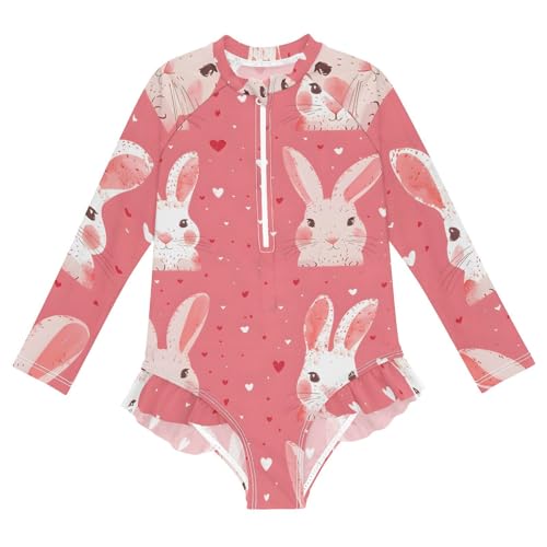 Girls One Piece Swimsuits Long Sleeve Swimsuit Zipper Bathing Suits Rabbit White Bunny Pink