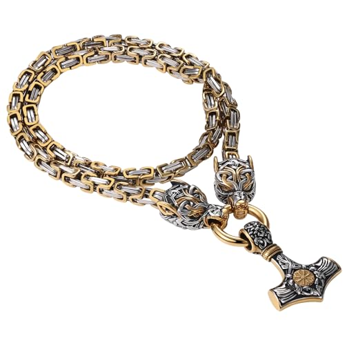 OIDEA Viking Thor's Hammer Necklace for Men: Vintage Viking Helm of Awe Mjolnir Pendant with Wolf Head Byzantine Chain Amulet Jewelry Gift for Men Women