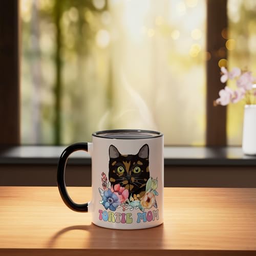 Taza cerámica Tortie Cat Mom Flores negro/blanco miniatura 3