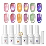 PEACECOLOR Vernis Semi Permanent Magnétique 10ML, 6pcs Rose Jaune Vert Violet Cat Eye Gel Nail Polish avec Bâton Magnétique Soak Off Vernis Gel UV Semi Permanent DIY Manucure Kit